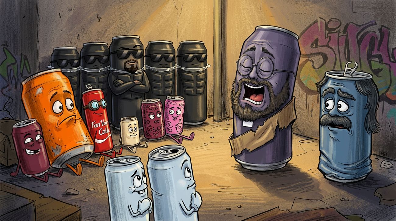 Concept painting: street cans gathered in a lamp-lit alley, a row of black cans in sunglasses standing behind them.