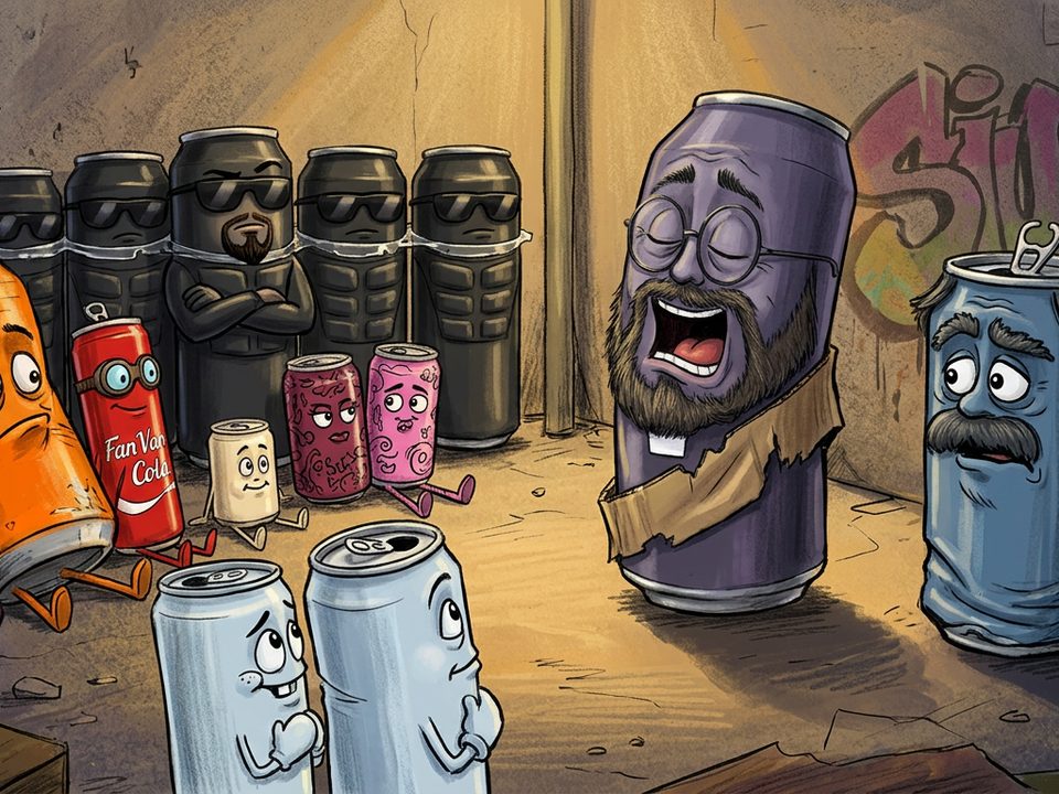 Concept art: store cans and street cans in a lamp-lit alley, the Six Pack standing guard behind them