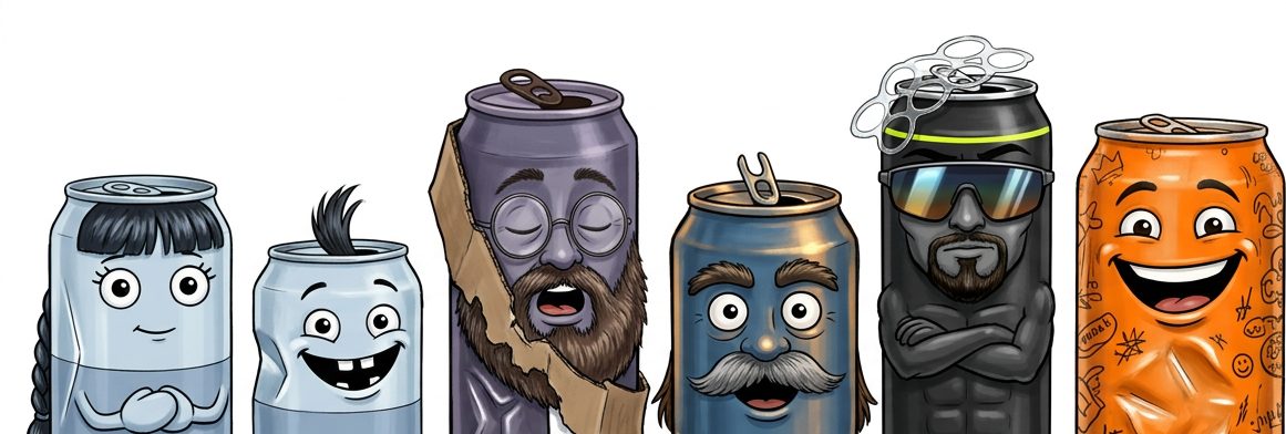 Concept line-up of six soda-can characters: a pale blue can with dark bangs, a smaller pale blue can with a tuft, a purple can with a beard, a steel-blue can with a mustache, a black can in sunglasses, and a grinning orange can.