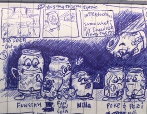 Ballpoint storyboard sketch of the street crew, labelled Funstah, Fan Van Cola, Nilla, Poke and Pezi.