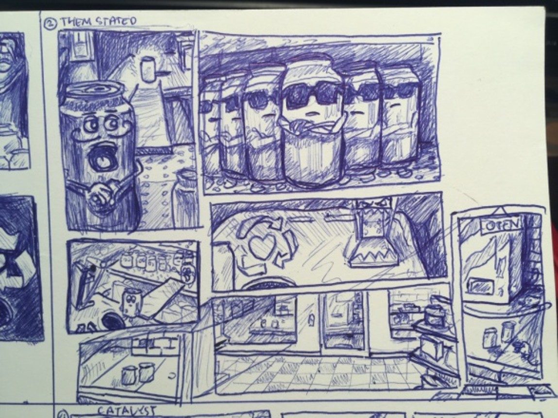Ballpoint storyboard page of panels inside the convenience store: a startled can, a row of cans in sunglasses, and the recycle hole.