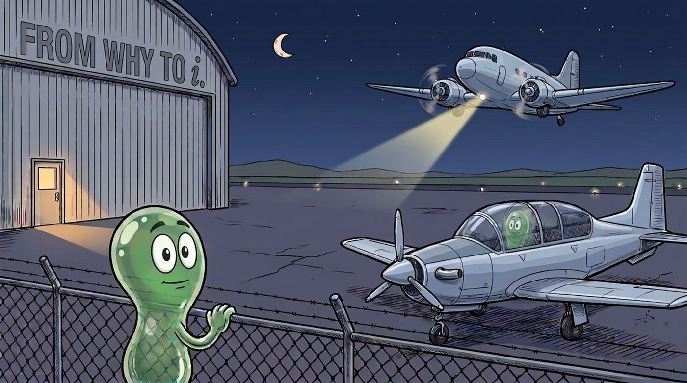Night at the Academy. PC N8, a see-through green cadet, stands at the fence while a heavy transport climbs overhead with its landing light on and a trainer waits on the ramp. Painted on the hangar: FROM WHY TO i.