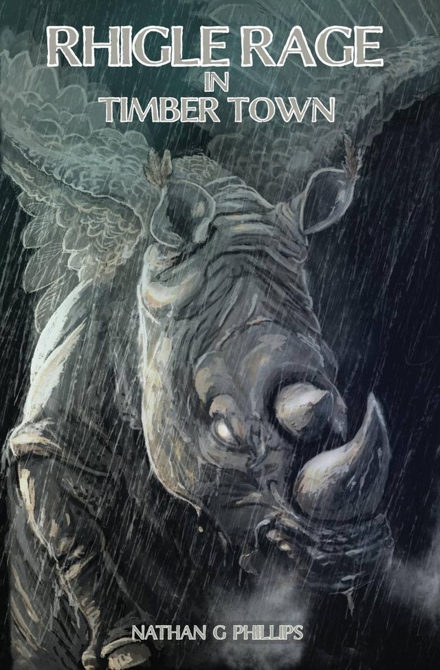 Cover of Rhigle Rage in Timber Town: a painted rhino-like creature in the rain.